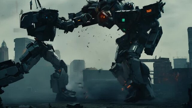 Giant robots engage in a fierce battle within a city, unleashing weapons and creating massive explosions while causing widespread destruction and chaos in an urban landscape