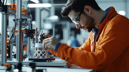 A man in an orange shirt is working on a project in a factory