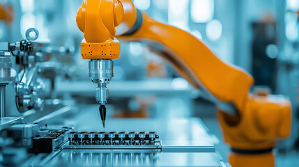 A robot is working on a machine with a drill