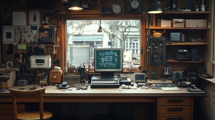 A cluttered workspace with a vintage computer, a window overlooking a street, and shelves filled with gadgets and tools.