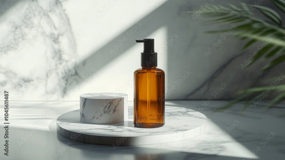 Poster a brown glass bottle with a black pump dispenser sits on a circular, marble tray. the bottle is part