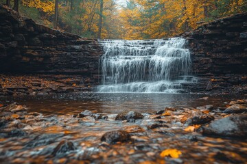 A serene waterfall cascades over rocks, surrounded by autumn foliage.