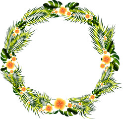 Wreath with tropical flowers, monstera leaves and palm leaves
