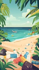 Obraz premium A flat vector cartoon illustration depicting plastic bottles and trash on a beach, with an ocean in the background. 