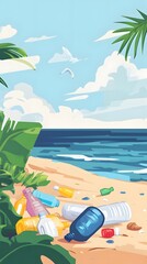 Obraz premium A flat vector cartoon illustration depicting plastic bottles and trash on a beach, with an ocean in the background. 