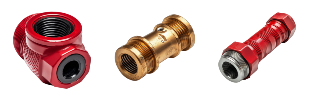 Close-up of a red threaded pipe fitting isolator on the background
