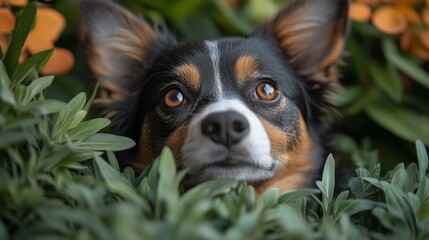 Fototapeta premium Pets exploring and playing with natural elements in a garden. Featuring joyful activities and engagement with plants. Ideal for garden-themed pet content.