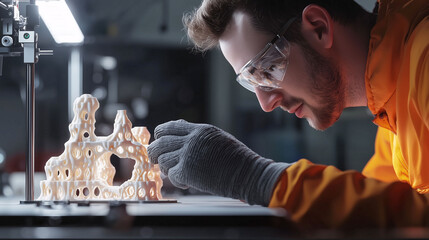 A man in a lab coat is working on a model of a building