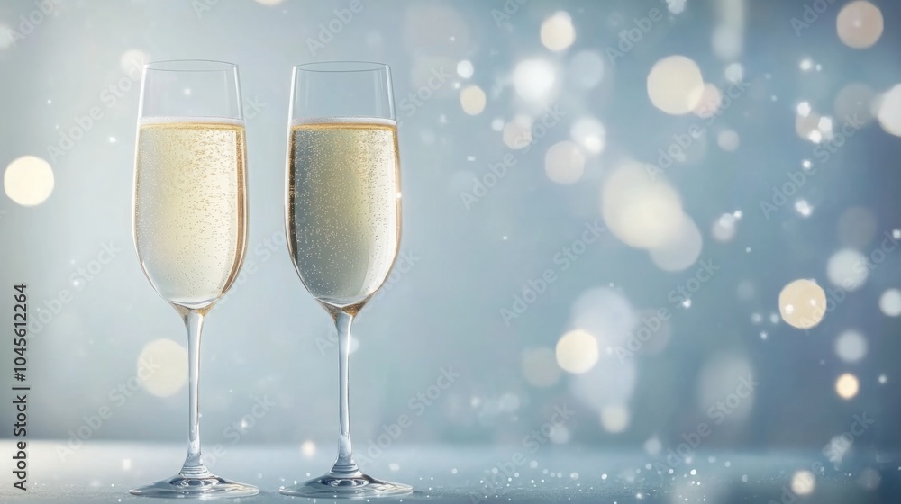 Poster two elegant flutes filled with sparkling champagne sit on a surface, glimmering in a soft, festive a