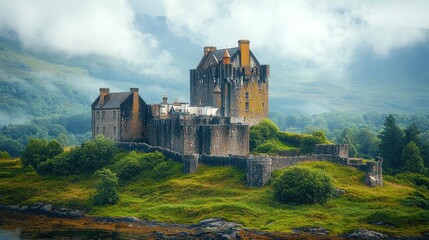 A majestic castle surrounded by lush greenery and misty mountains.