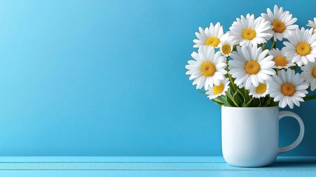 A photostock of daisies in a white cup, blue background, spring theme