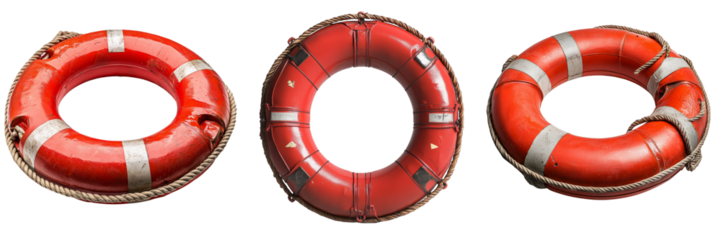 Bright orange lifebuoy with white stripes and rope details isolator on background
