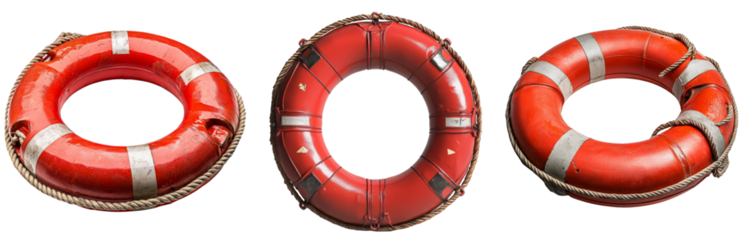 Bright orange lifebuoy with white stripes and rope details isolator on background
