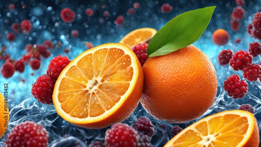Poster a vibrant display of oranges and raspberries with a dynamic background.
