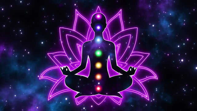 meditation woman pose in the space with lotus animation, neon glowing chakra lights and shiny stars, relaxing spiritual motion background