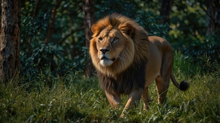 A Lion's Chase in the Green Forest, The Forest Encounter of the Lion and Rabbit, In the forest, a tense drama The Lush Wilderness and the Lion's Hunt for a Rabbit The Lion's Search for the Mysterious
