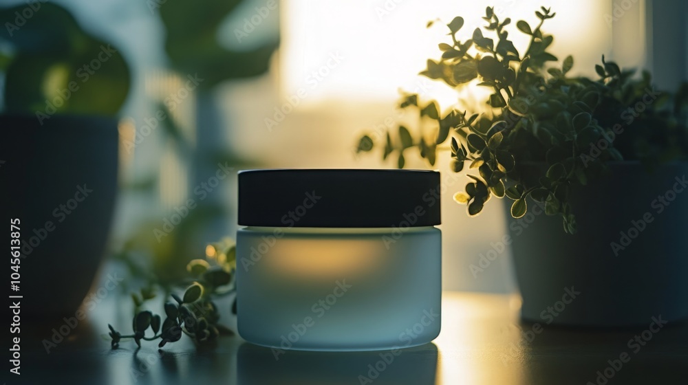 Poster Soft evening light filters through a window, illuminating a frosted glass jar resting on a wooden table. Nearby, lush green plants add a touch of nature, creating a serene atmosphere.