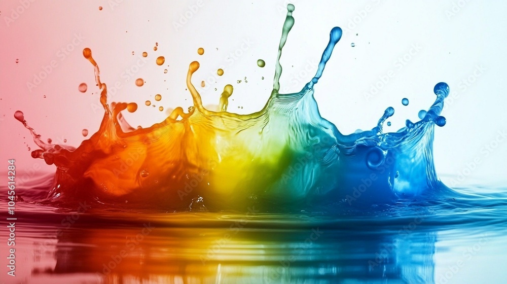 Poster vibrant rainbow-colored liquid splashes create a dynamic, eye-catching display of motion and color, 