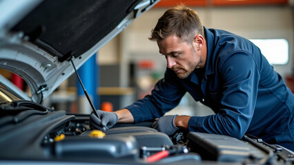 A skilled mechanic in a blue uniform meticulously inspects and repairs a car engine, showcasing expertise, attention to detail, and passion for automotive work in a modern garage environment