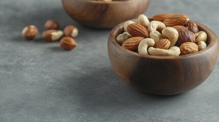 Wooden bowl filled with assorted nuts including almonds, cashews, and hazelnuts on a gray stone surface, showcasing healthy snacking options and natural textures.
