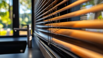 Close-up of wooden blinds partially open, revealing a blurred view of green foliage outside.