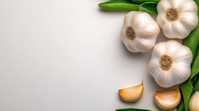 A photostock of fresh garlic bulbs on a white background, close-up, clean style