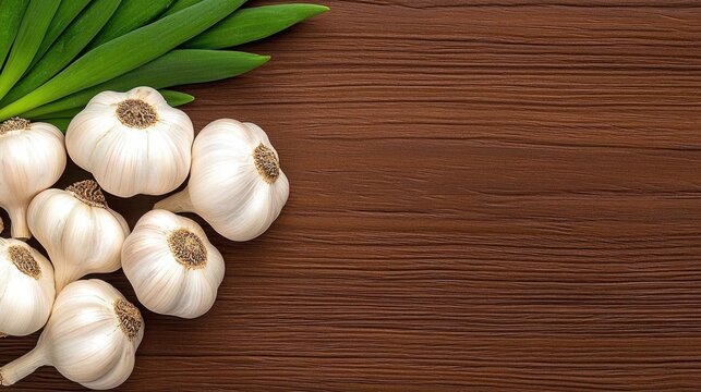 A photostock of fresh garlic bulbs on a wooden surface, culinary ingredient