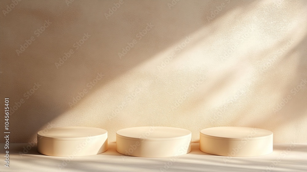 Poster minimalist product display with three cream-colored circular podiums bathed in soft, diagonal sunlig