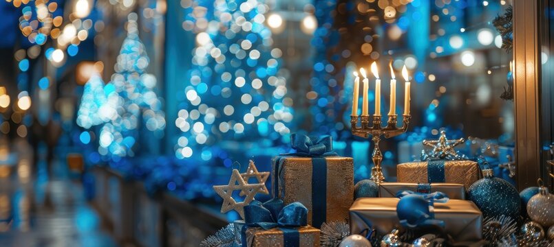 Festive Hanukkah Storefront Display with Menorah and Holiday Gifts in Blue and Silver - Powered by Adobe