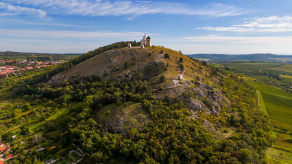 Mikulov Castle in the town of Mikulov in South Moravia, Czech Republic. Aerial View of Old Town Castle and Powder Tower in Mikulov, Czech Republic, Europe. Famous landmark in South Moravia wine region