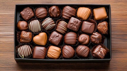 A photostock of a box of assorted chocolates on a wooden table