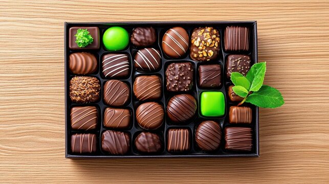 A photostock of a box of assorted chocolates on a wooden table