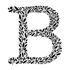Floral botanical alphabet. Vintage hand drawn letter B. Letter with plants and flowers. Vector lettering isolated on white