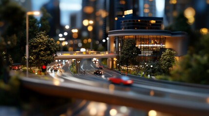 A miniature cityscape with a highway, overpass, and buildings lit by streetlights at night.