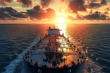Fototapeta premium Large tanker ship is sailing on calm ocean water as the sun sets over the horizon, casting an orange glow on the water. The ship is carrying a large amount of crude oil