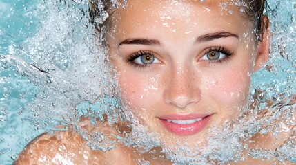Fototapeta premium Woman s Face Emerging from Water with Splash and Bubbles