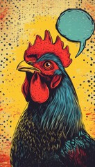 A vibrant Pop art style rooster with bold lines and a retro comic book speech bubble