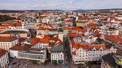 Brno, Czech Republic. Cinematic Aerial view to the old town Brno. Cozy streets and red roofs