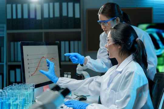 Two scientists wearing lab coats and safety glasses analyzing data displayed on a computer screen in a laboratory setting
