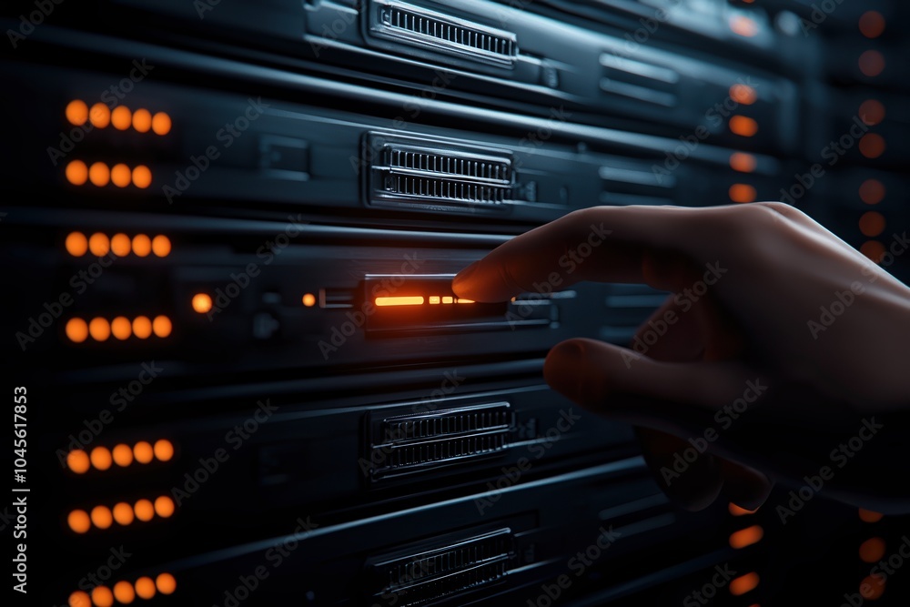 Poster close-up of a hand adjusting a server in a data center environment with orange lights.