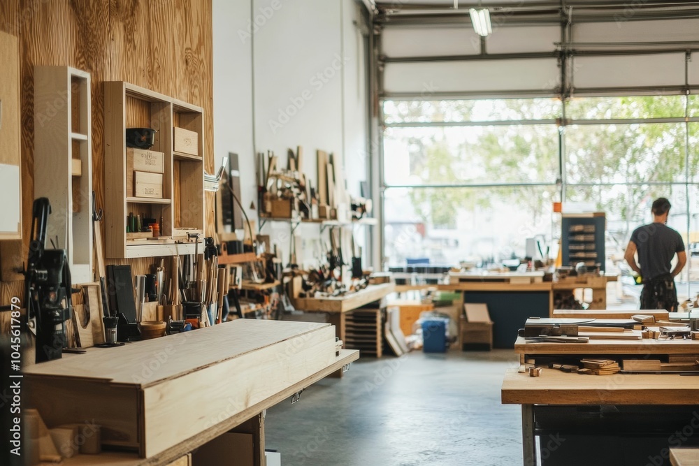 Poster a skilled woodworker is deeply focused on creating projects amid a spacious workshop filled with var