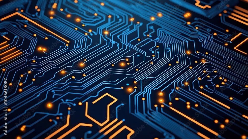Poster close-up of intricate circuit board with glowing components on a dark background.