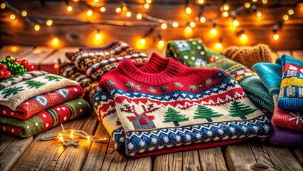 Cozy Christmas Sweaters Display with Festive Colors and Patterns for Holiday Spirit