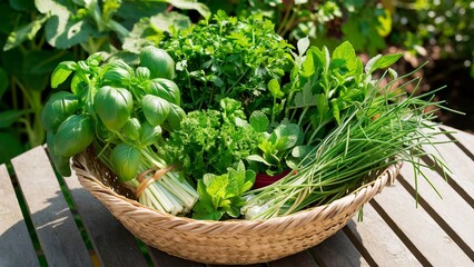 Naklejka premium Freshly Picked Herbs and Greens in a Garden Basket