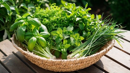 Freshly Picked Herbs and Greens in a Garden Basket