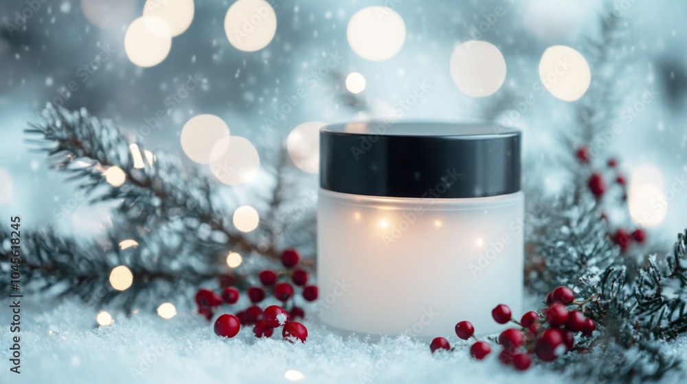 Poster a pastel jar rests on a blanket of snow, surrounded by pine branches and red berries. soft lights tw