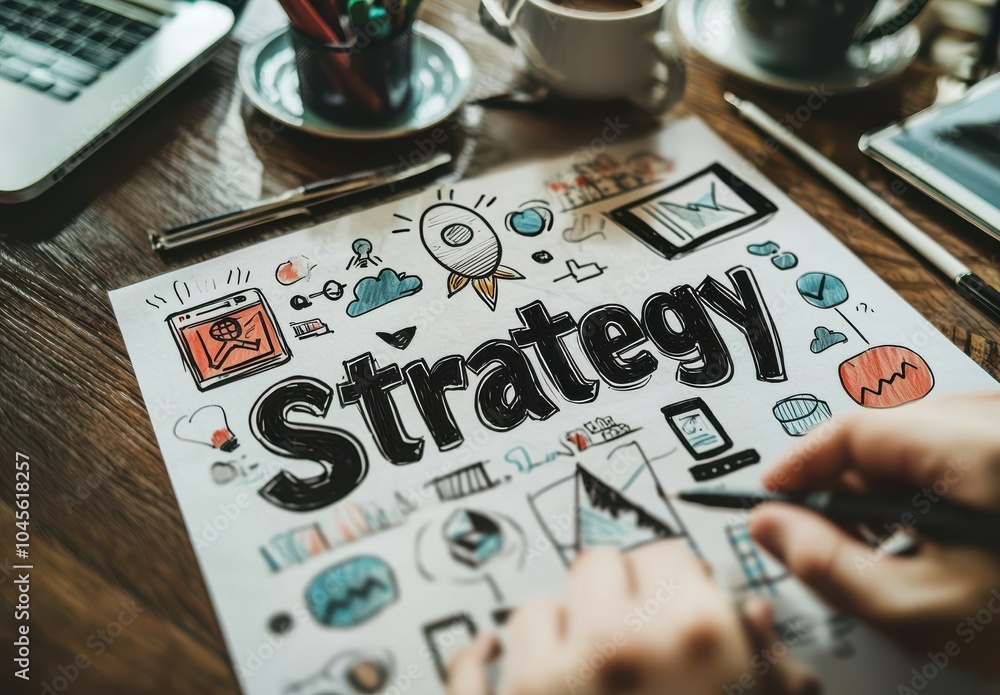 Poster top view of a business team collaborating on a strategy project with laptops and coffee cups on a wo