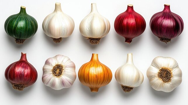 A photostock of garlic bulbs and cloves, white background, culinary ingredient