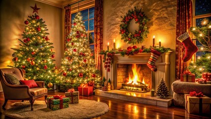 Cozy Christmas Trees by the Fireplace for a Festive Holiday Atmosphere