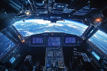 Futuristic spaceship cockpit is flying through space with a view of planet earth in the background. The sun is illuminating the earth's atmosphere